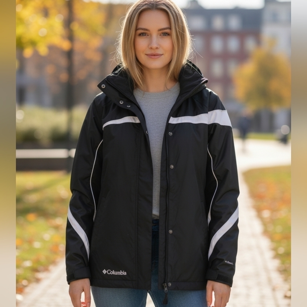 COLUMBIA Insulated Hooded Jacket. Retro Black/White Colorblock. Size XL